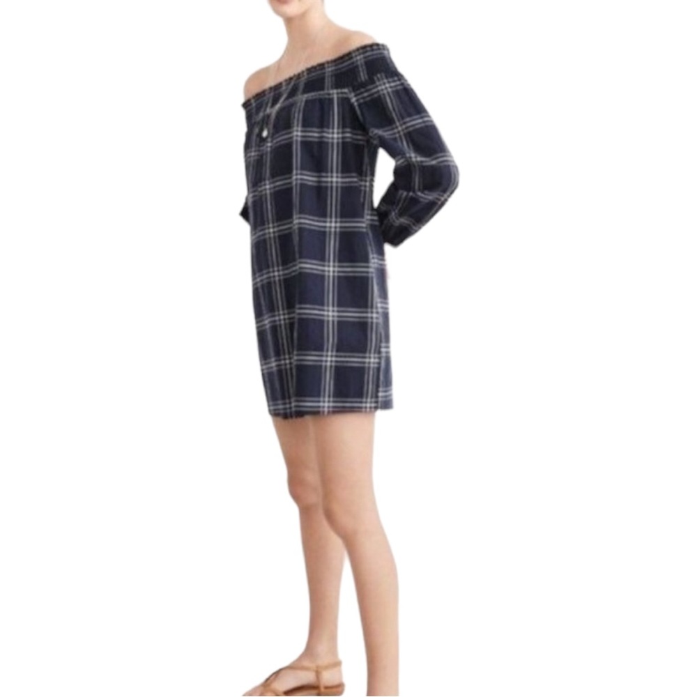 Abercrombie & Fitch Women’s off-the shoulder puff sleeves navy plaid dress Sz M - Picture 2 of 15